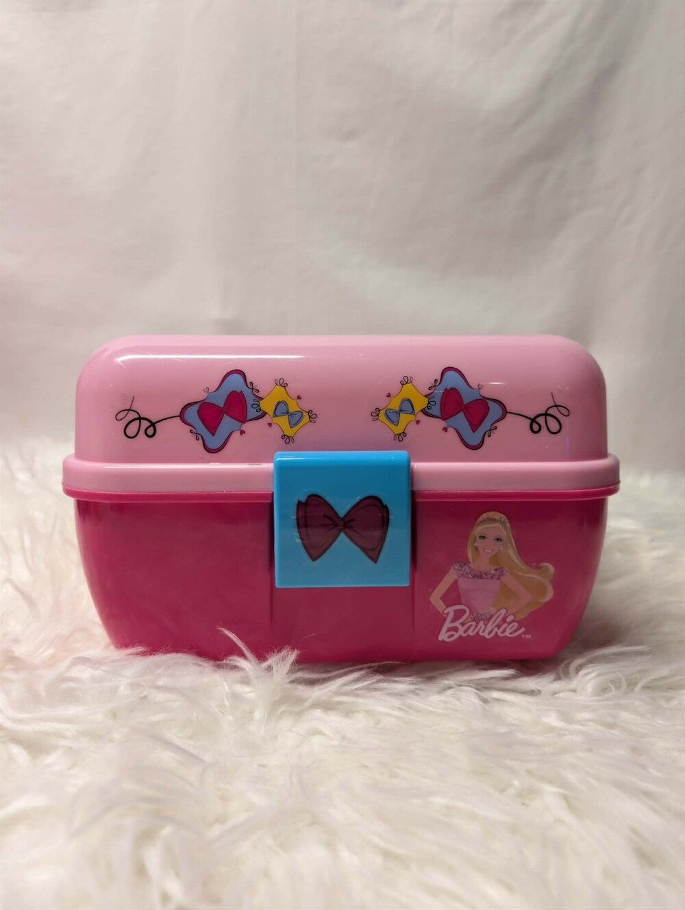 Nwot 2013 Barbie Pink and Blue Portable Toy Case with Bow Graphics Tackle Box